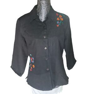 Silkland women's black embroider‎ lined jacket large vintage boho blazer silk